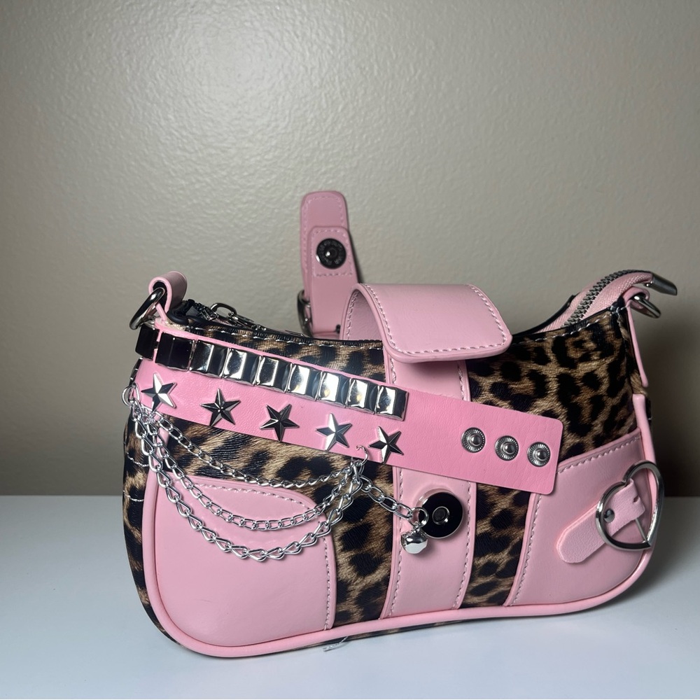 Othr Pink Leopard-Accent Studded Shoulder Bag with Chains